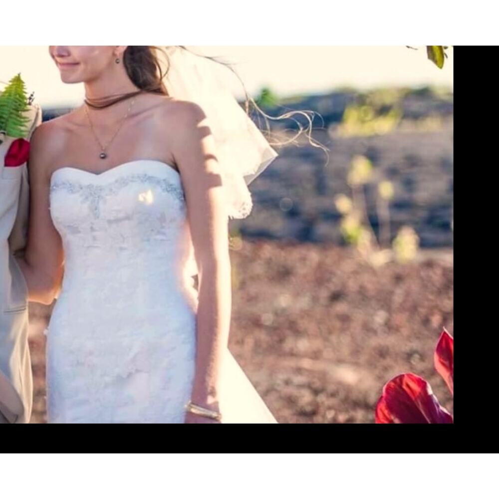 Maggie Sottero Strapless Lace Fit Flare Wedding Dress Swarovski Gown Sz 6 + Veil